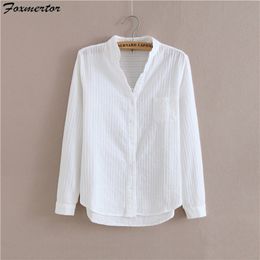 Foxmertor 100% Cotton Shirt High Quality Women Blouse Autumn Long Sleeve Solid White Shirts Slim Female Casual Ladies Tops 210301