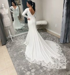 2022 Country Ivory Mermaid Wedding Dresses Bridal Gowns Lace Sexy Backless Train Deep V Neck Long Sleeve Satin Garden Bride Wear