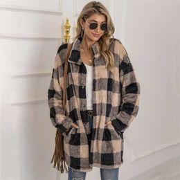Autumn Long Faux Fur Coat Women Plaid Jacket Winter Sleeve Fluffy Teddy Ladies Warm Plush Female 211124
