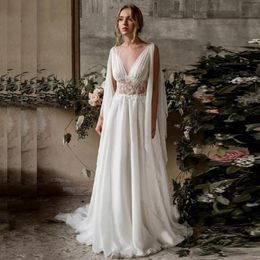 2022 Summer White Boho Beach Wedding Dress A Line V Neck Sleeveless Sweep Train Bridal Gowns Appliques Chiffon Backless Bride Dresses Plus Size