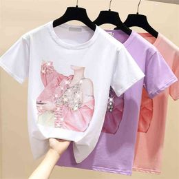 gkfnmt Summer Short Sleeve T shirt Women Tops Purple Tshirt Cotton Korean Style T-shirt Clothes Beading Tee Shirt Femme 210623