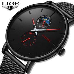 LIGE Fashion Mens Watches Top Brand Luxury Male Casual Thin Date Dial Quartz Watch Men Mesh Waterproof Sport Clock+Box 210527