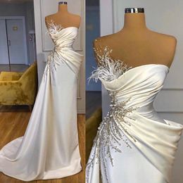 Mermaid Evening Ivory Dresses Beaded Feather Ruched Pleats Peplum Custom Made Prom Party Gown Celebrity Formal Ocn Wear Vestido
