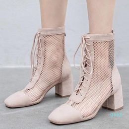 Dress Shoes Summer Women's Mesh Short Boots Large Casual Fashion Lace Up High Heels
