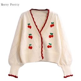 Cherry Embroidery Korean Women Short Knitted Pullover Sweaters Summer Long Sleeve V-neck Casual Sweet Style Girly Crop Top 211103