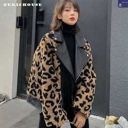 ZURICHOUSE PU Leather Winter Jacket Female Short Thick Warm Fashion Moto Biker Style Plush Leopard Lambswool Coat Women P3549 211130