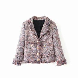 Women's Jackets Vintage Tweed Thick Warm Women Cropped Jacket Coat Fall Winter Elegant Female Fringed Trim Single Breasted Button-Up Pockets