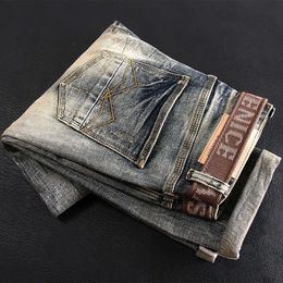 Italian Style Fashion Men Jeans High Quality Retro Distred Elastic Slim Ripped Vintage Designer Casual Denim Pants 8KCV