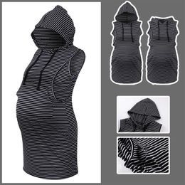 Maternity Dresses Pregnant Women Clothes Breastfeeding Striped Hooded Dress With Pocket Fashion Pregnancy Nursing Clothing Q0713