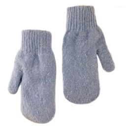 Women Winter Double Layer Full Finger Gloves Solid Color Plush Lined Knit Mitten1