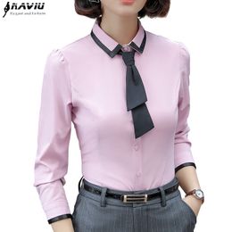 New Fashion Women Shirt Autumn Formal Elegant Patchwork Tie Long Sleeve Slim Blouse Office Ladies Work Wear Plus Size Tops 210225