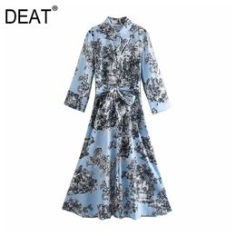 [DEAT] Spring Fashion Turn-down Collar High Waist Knee-length Single-breasted Long Sleeve Printing Dress 13C229 210527