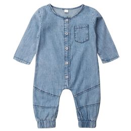 Spring Autumn Baby Clothing Long Sleeve Romper Denim Solid Jumpsuit Pocket Outfits Newborn Kids Baby Girl Boy Clothes 210312