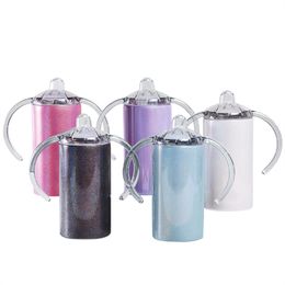 Tumbler 12oz Sublimation Straight Glitter Sippy Cup Seamless Water Bottle Insulation Coffee Mug with Handles Stainless Steel Baby Bottles A02