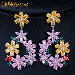 Top Grade Stunning Yellow Pink Cubic Zirconia Crystal Cute Big Flower Drop Earrings for Women Wedding Jewellery CZ421 210714