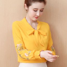 Embroidery Spring Summer Chiffon Blouses Shirts Lady Casual Bow Tie Collar 5 Colours Loose Blusas Tops DF2870 210609