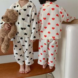 Autumn Kids Pajamas Linen Shirt and Pants 2Pcs Casual Girls Sleepwear Long Sleeve Boys Sets 211109