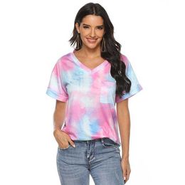 Summer Tie-dye V-neck Short Sleeve T Shirt Womens Plus Size Fashions Casual Ladies Tops Women Streetwear Tee Shirt Femme 210608