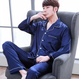 Men Pyjama Sets Silk Satin Pijama Turn-down Collar Sleepwear Long Sleeve Spring Nightwear Male 2 Pieces Sets Homewear CM11 211110