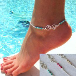 Anklets Bohemian Natural Turquoises Beaded Spiral Alloy Guru Anklet Chain Bracelets For Women Girls