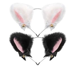 Plush Furry Cat Ears Headband with Ribbon Bells Halloween Cosplay Costume Accessories Anime Lolita Girl Party Hairband Headwear for Adult Kids White Black