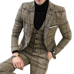 Jacket + Pants + Vest 3 Piece Mens Slim Suit Fashion Boutique Wool Casual Formal Suit Men's Plaid Groom Wedding Dress Tuxedo X0909