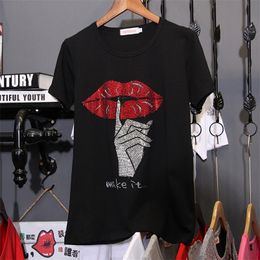 Loose large size 3XL cotton Hot drilling black T-shirts women short sleeve summer Korean version Tees diamonds Trend Tops 210304