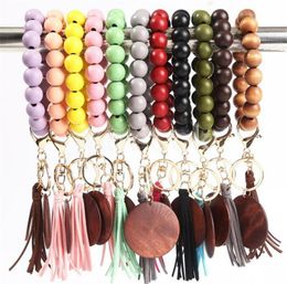 11 Colours Wooden Bracelet Keychain with Tassels Keys DIY Wood Fibre Pandent Woodwooden Bead Bangle Key Decorate Fashion DB803