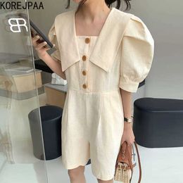 Korejpaa Women Jumpsuits Summer Korean Chic Girl Simple Lapel Single-Breasted Pockets Loose High Waist Puff Sleeve Jumpsuit 210526