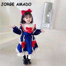 Wholesale Spring Girls Party Dresses Long Puff Sleeves Lolita Style Red Bow Velvet Princess Girl Clothes E8055 210610