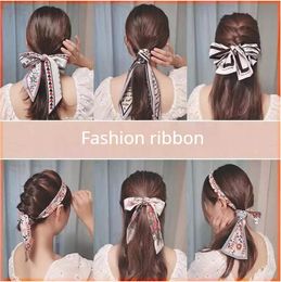 Fashion Accessories Printing Chiffon Cheque Grace Long Ribbon Bow Lady Headdress Scrunchie Ponytail Holder Tie Women Silk Scarves Hair Band