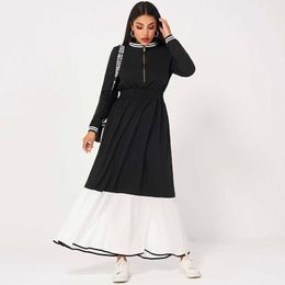 MAI&FUN Womens Dress Casual Sports Metal Zipper sSretch High Waist Contrast Colour Stitching Long Sleeve Casual Dress 210706