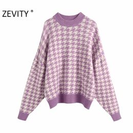 ZEVITY women vintage houndstooth pattern pullovers knitting sweater ladies batwing sleeve casual autumn sweaters chic tops S410 210914