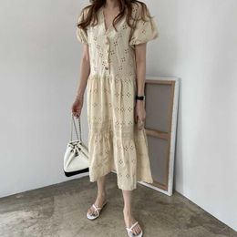 Korean Casual Dresses For Women Sexy V Neck Hollow Out Embroidered Floral Plus Size Summer Cotton Bohemian Long 210529