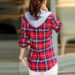 Autumn Women Striped Flannel Shirts Long Sleeve With Hoodie Brand Cotton Blouses Spring Fashion Tops Casual Female Clothing 210225