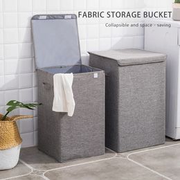 With Cover Cotton Linen Folding Laundry Hamper Large Storage Waterproof Dirty Clothes Bucket Home Laundry Basket Storage Basket 210316