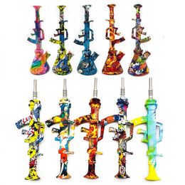 DHL Free Printing Machine Gun Shape ak47 Hookah Wholesale Unbreakable Silicone Smoking Water Pipe with Titanium nail Silicone Hookah Tobacco