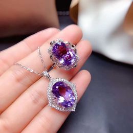 birthstone fine jewelry NZ - S925 Natural Amethyst Sets for Women Party Necklace and Ring Fine Jewelry Real Violet Crystal February Birthstone Gifts