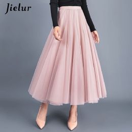 Jielur Skirts Womens Autumn 3 Layers Princess Tulle Mesh Pleated Skirt Saia Female Jupe Summer Tutu Skirts Faldas Mujer Moda 210303