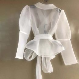 TWOTWINSTYLE Perspective Crop Tops Female Lapel Long Sleeve Bandage Womens Shirts Blouse Korean Fashion Elegant Spring New 210225
