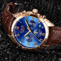Lige Chronograph Function Mens Watches Genuine Leather Luxury Brand Military Sport Quartz Watch Waterproof Wristwatches Clock Q0524