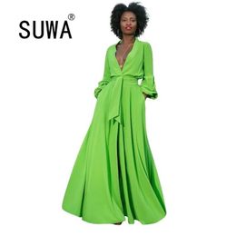 Women Long Sleeve Turn-down Neck Button Up High Waist Sashes Dress Female Elegant Slit Maxi Dresses Vestidos 210525
