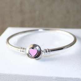 Women's Fashion Bangle Sterling Sier Pink Heart Enamel Bracelet Original Box for Charms European Beads Jewellery DIY