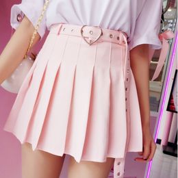Japanese Fashion Women Sweet Skirt High Waist Love Heart Belt Pleated Mini Skirt Harajuku Kawaii Gothic Female School Skirts 210309