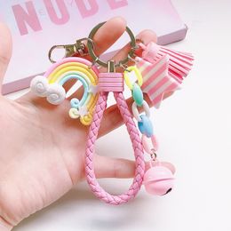 Lovely Cute Rainbow Key Chain Leather Strap Braided Rope Tassel Keychain for Women Girl Bell Star Lollipop Bag Charms Pendant J0306