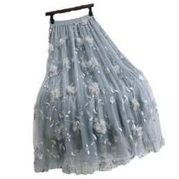 Skirts Elegant Elastic Waist Thinner Mid-length Embroidery Flower Mesh Skirt Spring Autumn Women High 184a
