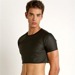 super short body imitation leather round neck sleeve T-shirt patent nightclub stage dance bright 210714