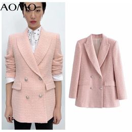 Women's Suits & Blazers AOMO Women Pink Tweed Double Breasted Blazer Coat Vintage Long Sleeve Flap Pockets Female Outerwear 3H220A