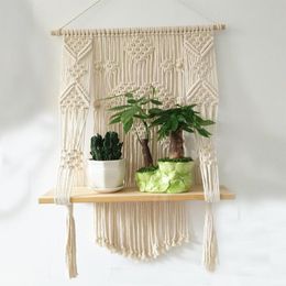 Tapestries Hand-Woven Macrame Shelves For Bedroom & Plant Boho Decoration Home Wall Decor Wooden Shelf Candle Holder Floating