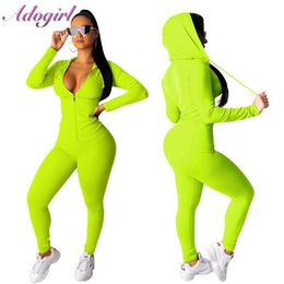 Adogirl Women Tracksuit Two Piece Set Zipper Up Long Sleeve Hooded Sweatshirts Top+ Fitness Long Pants Outfit Sporting Suit Set Y0625